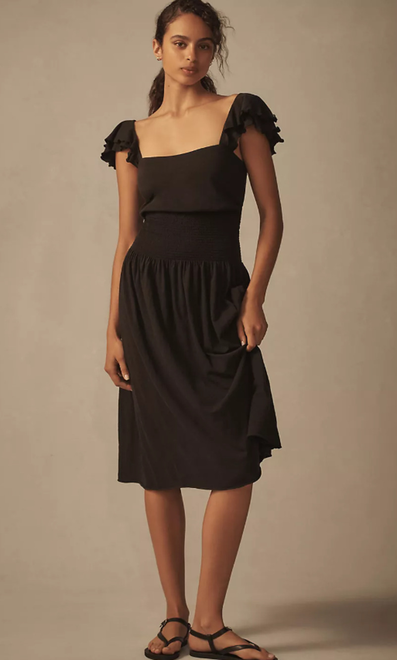 NWT Nation Los Angeles Black Smocked-Waist Midi Dress - Large
